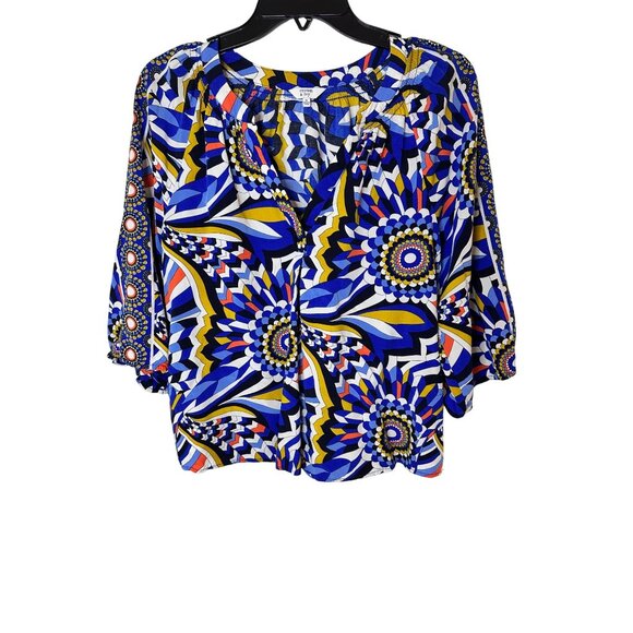 Crown & Ivy Womens Boho Style Printed Blouse Top Medium Blue Lightweight - Picture 1 of 5